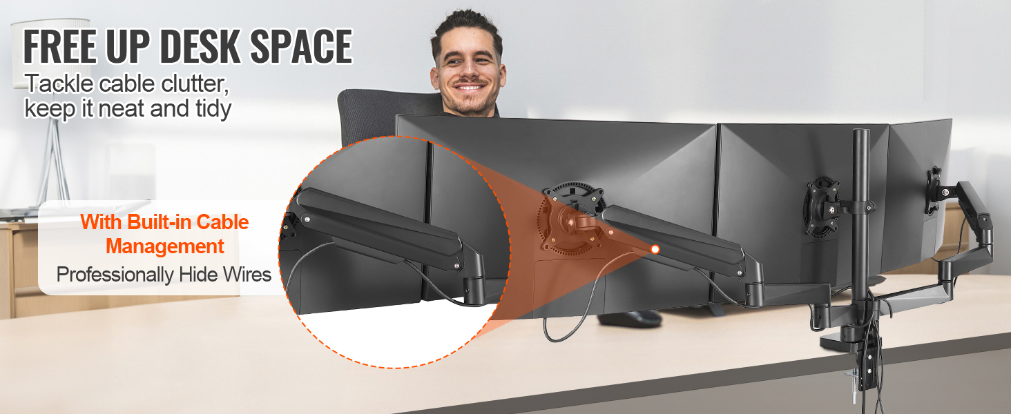 VEVOR triple monitor mount with built-in cable management, keeps desk space neat and tidy.