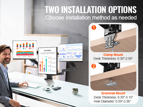 two installation options for the VEVOR triple monitor mount: clamp and grommet desk mounts detailed.