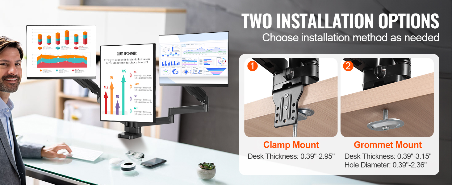 two installation options for the VEVOR triple monitor mount: clamp and grommet desk mounts detailed.