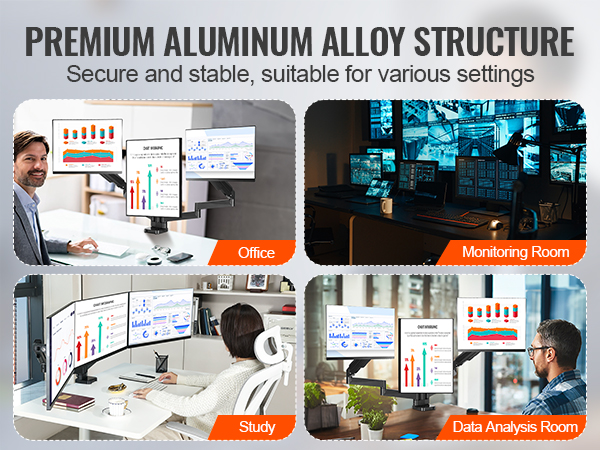 VEVOR triple monitor mount for office, monitoring room, study, and data analysis settings.
