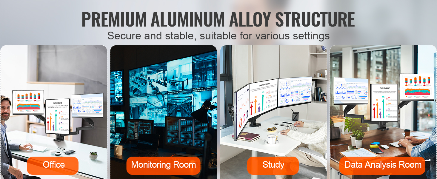 VEVOR triple monitor mount for office, monitoring room, study, and data analysis settings.