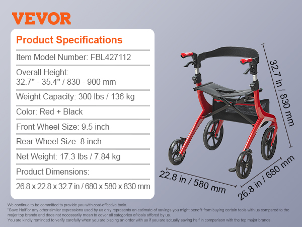 VEVOR rollator walker specifications with red and black design, adjustable height, and four wheels.