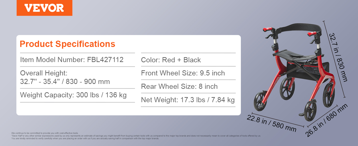 VEVOR rollator walker specifications with red and black design, adjustable height, and four wheels.