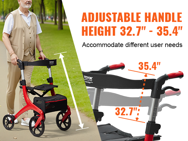 VEVOR rollator walker with adjustable handle height 32.7"-35.4" for varying user needs.