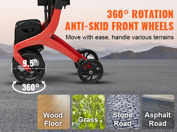 VEVOR rollator walker with 360° rotation anti-skid wheels, ideal for wood floors, grass, stone road, asphalt road.