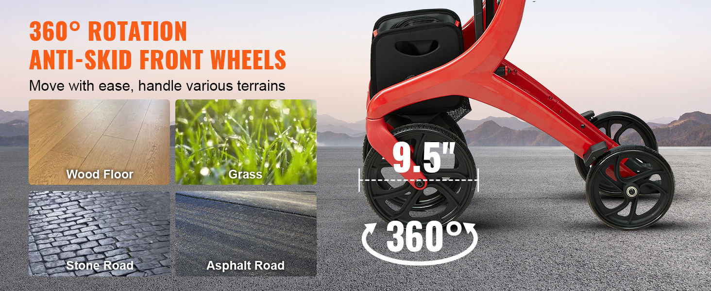 VEVOR rollator walker with 360° rotation anti-skid wheels, ideal for wood floors, grass, stone road, asphalt road.
