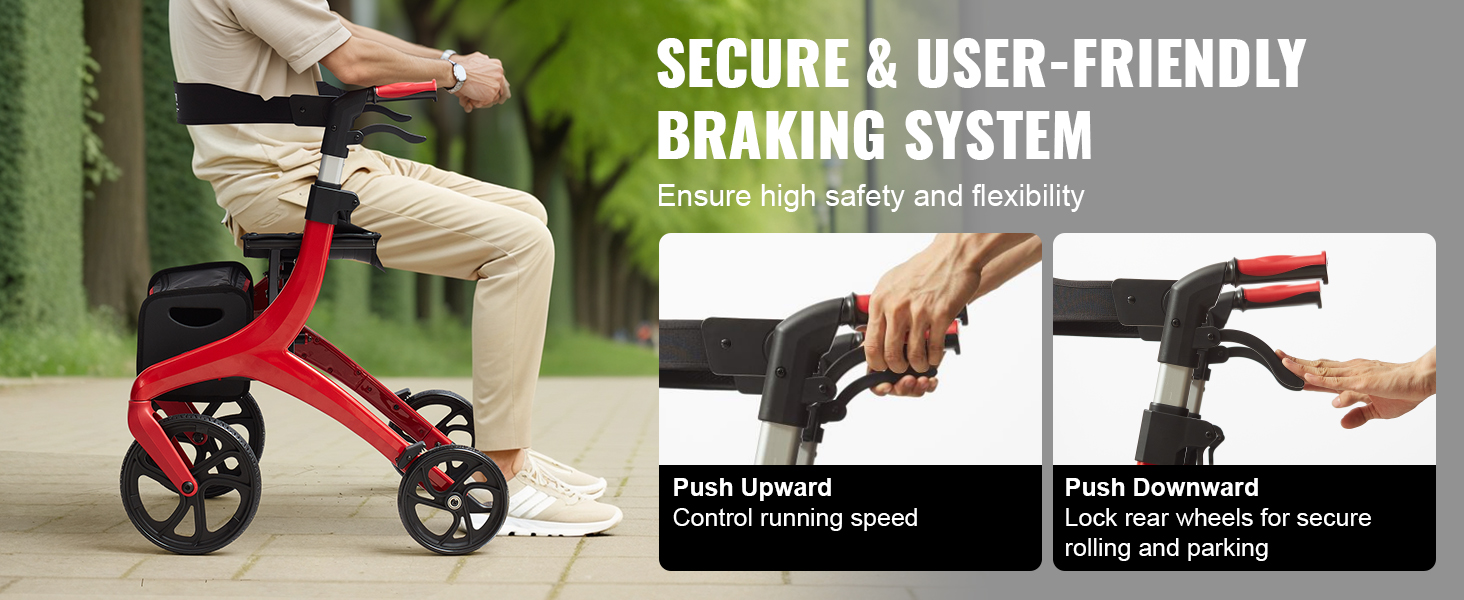 VEVOR rollator walker with secure braking system and hand controls for speed and wheel locking.