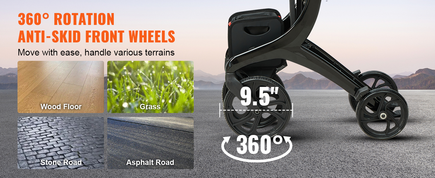 VEVOR folding rollator walker with 360° anti-skid front wheels for wood floors, grass, stone roads, and asphalt roads.