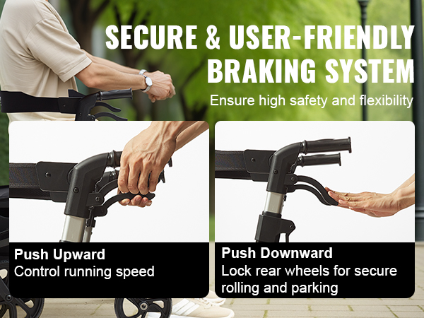 VEVOR folding rollator walker with secure braking system, ensuring safety and flexibility on park path.