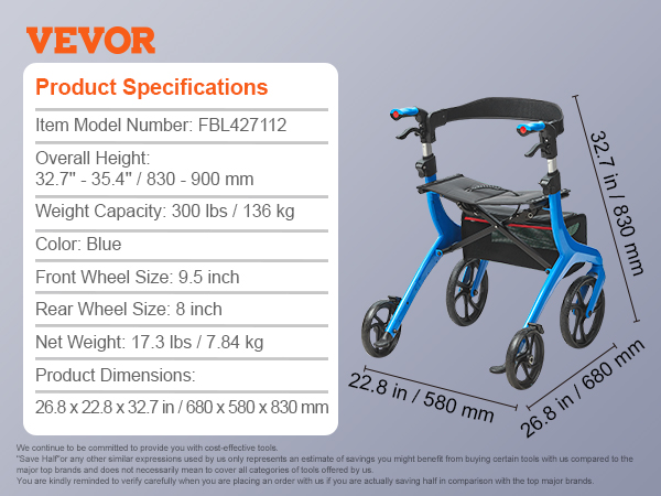 VEVOR rollator walker details with blue frame, model fbl427112. height: 32.7"-35.4". weight capacity: 300 lbs.