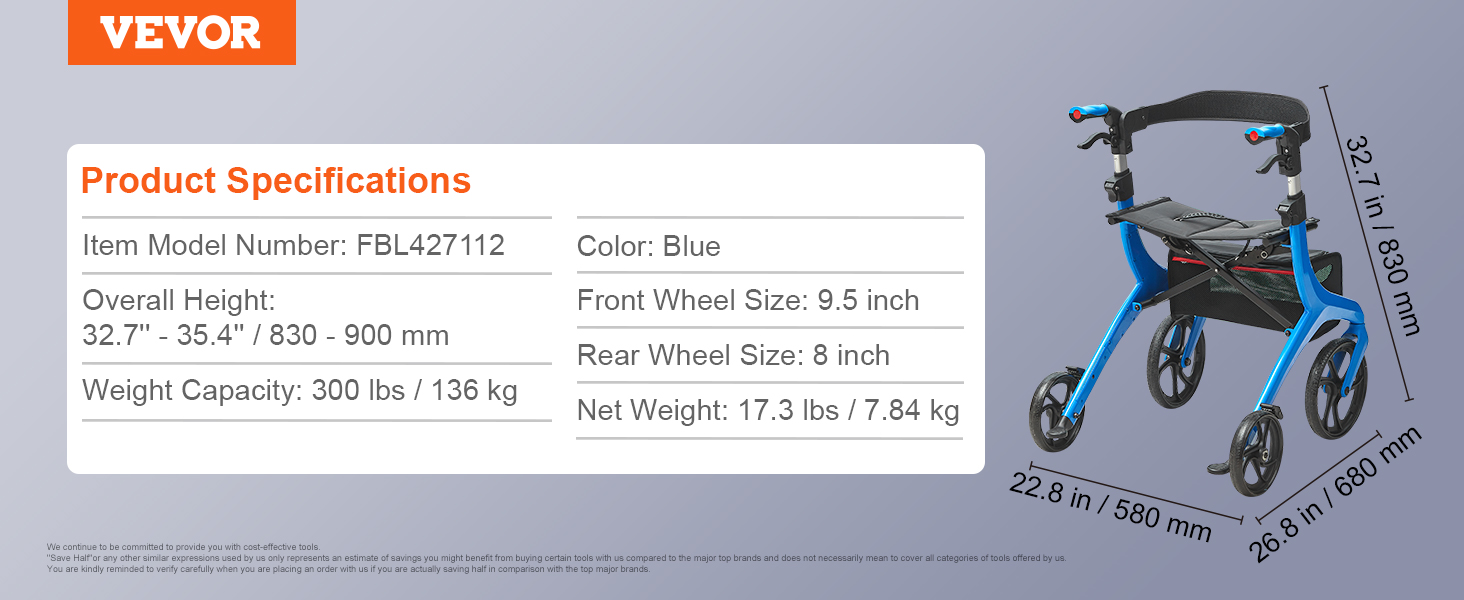 VEVOR rollator walker details with blue frame, model fbl427112. height: 32.7"-35.4". weight capacity: 300 lbs.