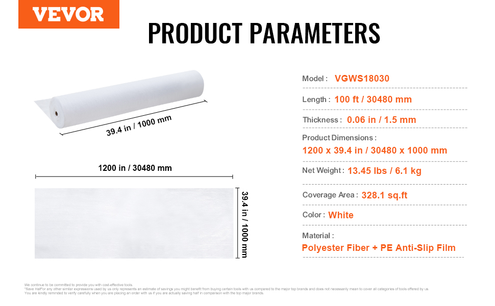VEVOR carpet protection film, vgws18030 model, 100ft length, white, 0.06 in thickness, covers 328.1 sq.ft.