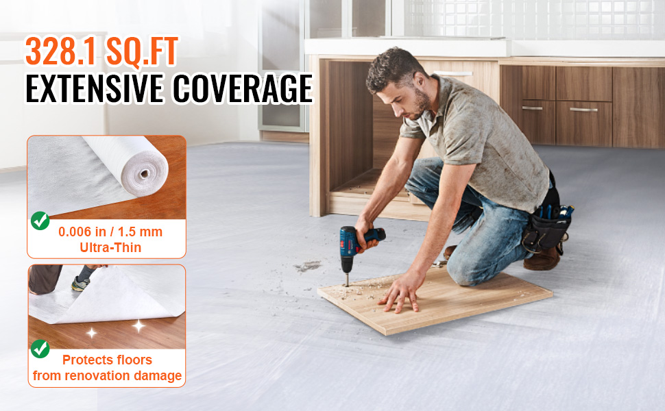 worker installing flooring with VEVOR carpet protection film, showcasing 328.1 sq.ft coverage and ultra-thin layer.