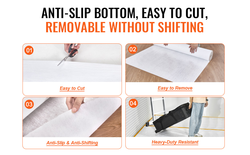 VEVOR carpet protection film: easy to cut, remove, anti-slip, and heavy-duty resistant.