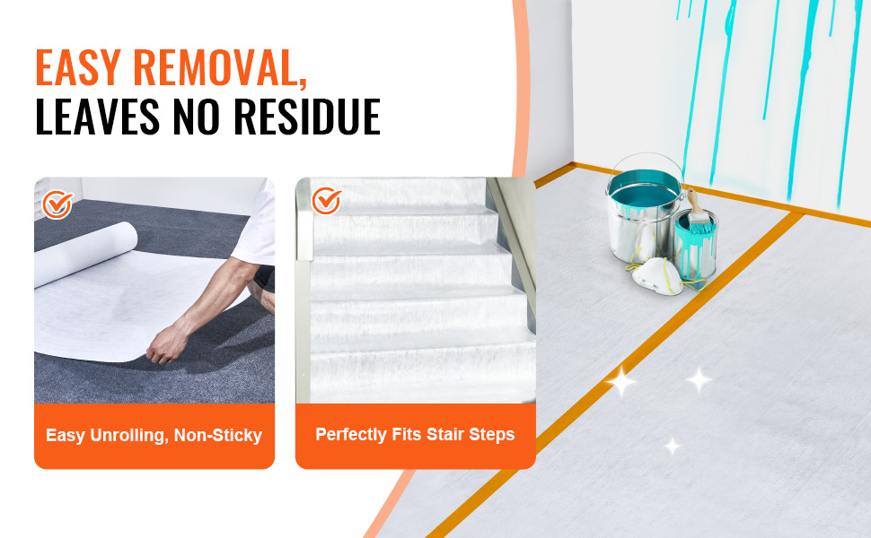 easy removal VEVOR carpet protection film, unrolls smoothly, fits stairs, leaves no residue after use.