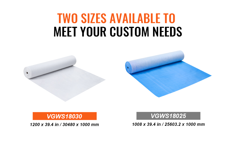 two rolls of VEVOR carpet protection film in white and blue, available in vgws18030 and vgws18025 sizes.