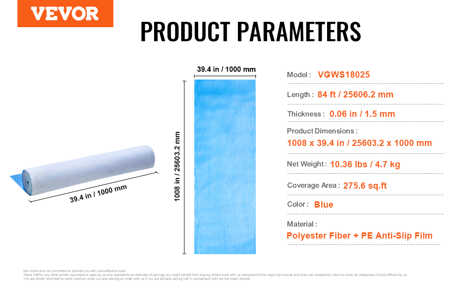 VEVOR carpet protection film product parameters: 25603.2 mm x 1000 mm, 84 ft length, blue, anti-slip, 275.6 sq. ft. coverage.