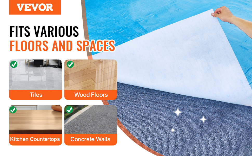 VEVOR carpet protection film fits various floors and spaces including tiles, wood floors, and countertops.