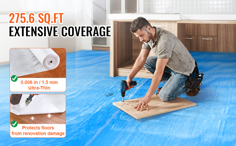 VEVOR carpet protection film 275.6 sq.ft extensive coverage, ultra-thin, protects floors during renovation.