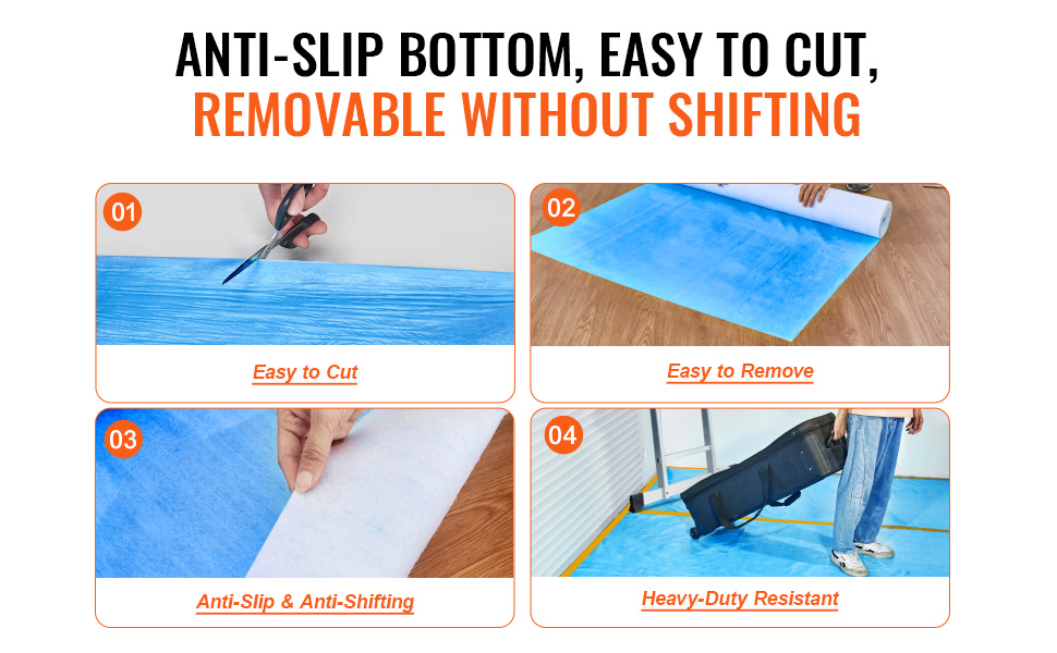 VEVOR carpet protection film with anti-slip bottom, easy to cut, remove, and heavy-duty resistant.