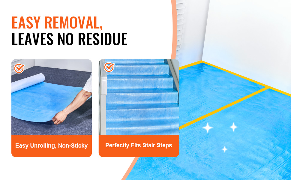 easy removal VEVOR carpet protection film, non-sticky unrolling, fits stairs, leaves no residue.