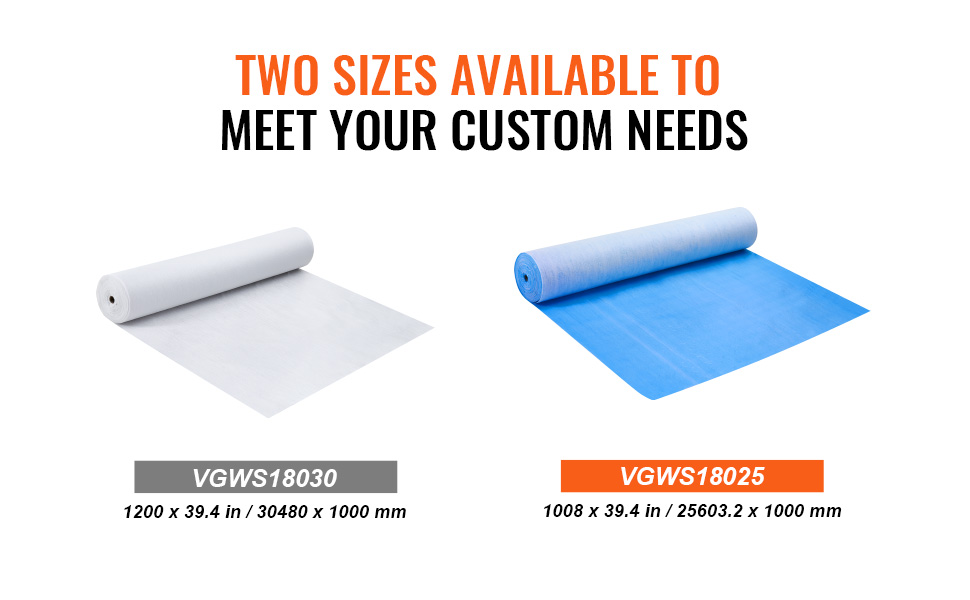 two VEVOR carpet protection film rolls in white and blue with dimensions and product codes labeled.