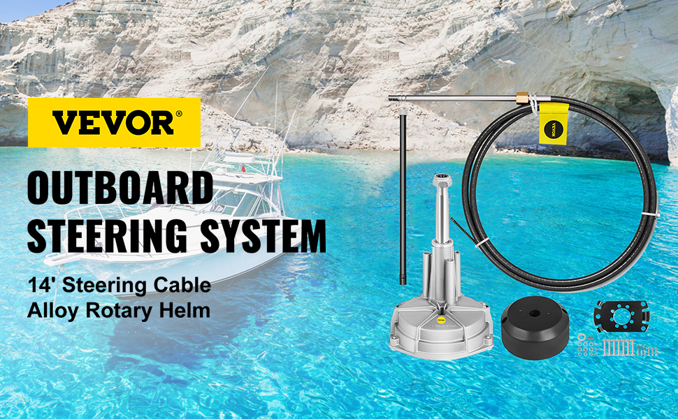 VEVOR boat steering kit with 14' cable and alloy rotary helm on a secluded shoreline.