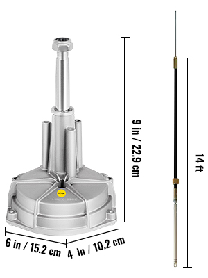 VEVOR boat steering kit with 14 ft cable, 9 in height, and 6x4 in base dimensions.