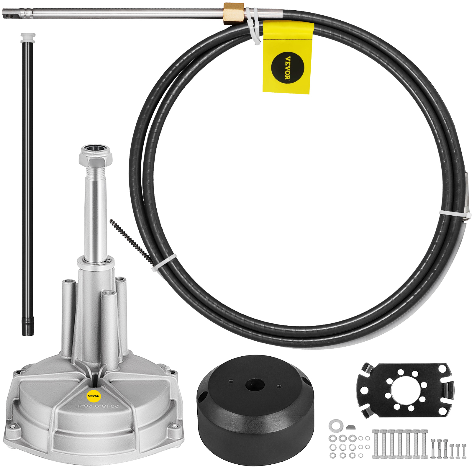 VEVOR boat steering kit with helm, cable, fittings, and hardware components.