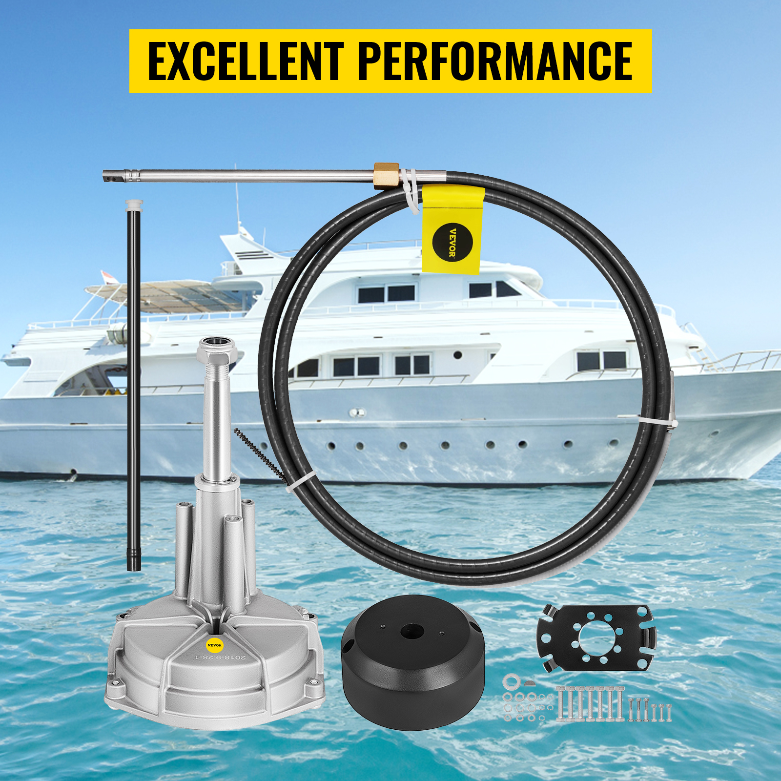 VEVOR boat steering kit with yacht background and excellent performance caption.