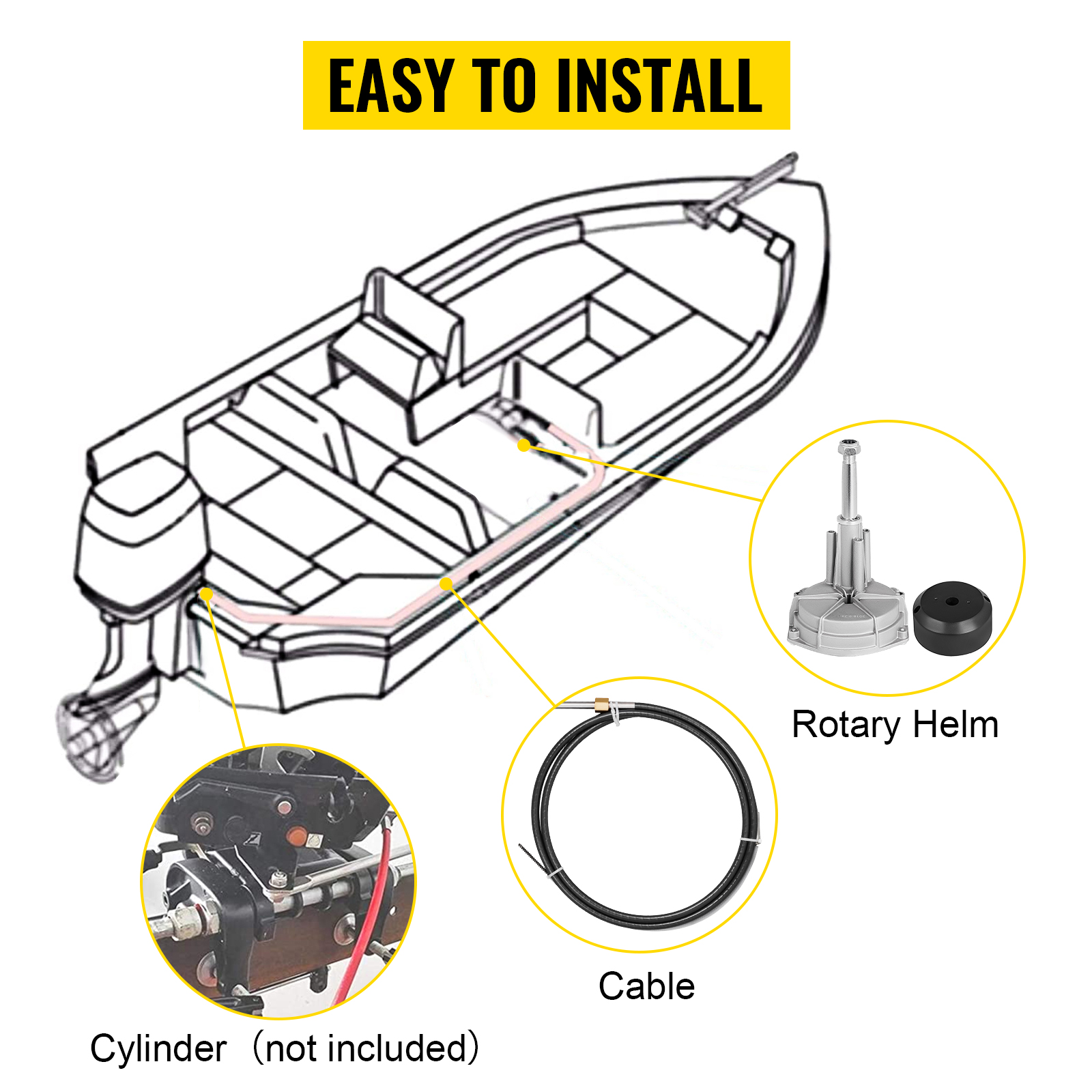 VEVOR boat steering kit with rotary helm, cable, and cylinder illustration. easy to install.