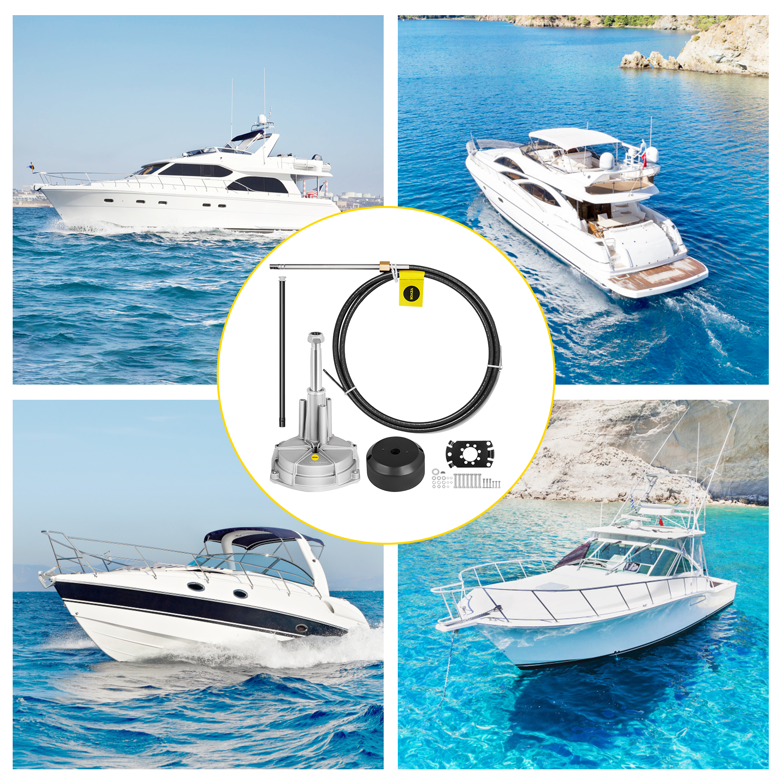 VEVOR boat steering kit collage featuring yachts on blue water.