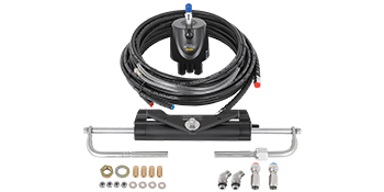 VEVOR hydraulic outboard steering kit with hoses, fittings, and steering cylinder.