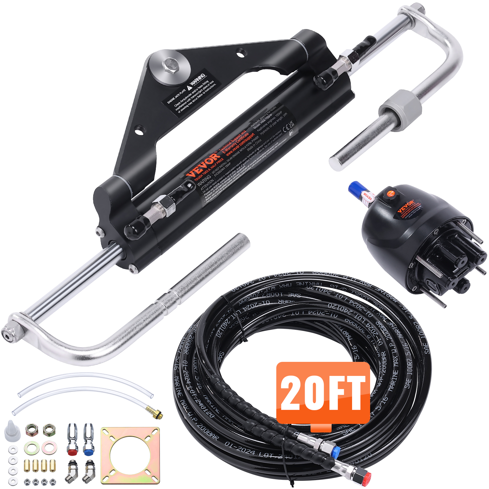 VEVOR hydraulic outboard steering kit with cylinder, helm, hoses, and fittings.