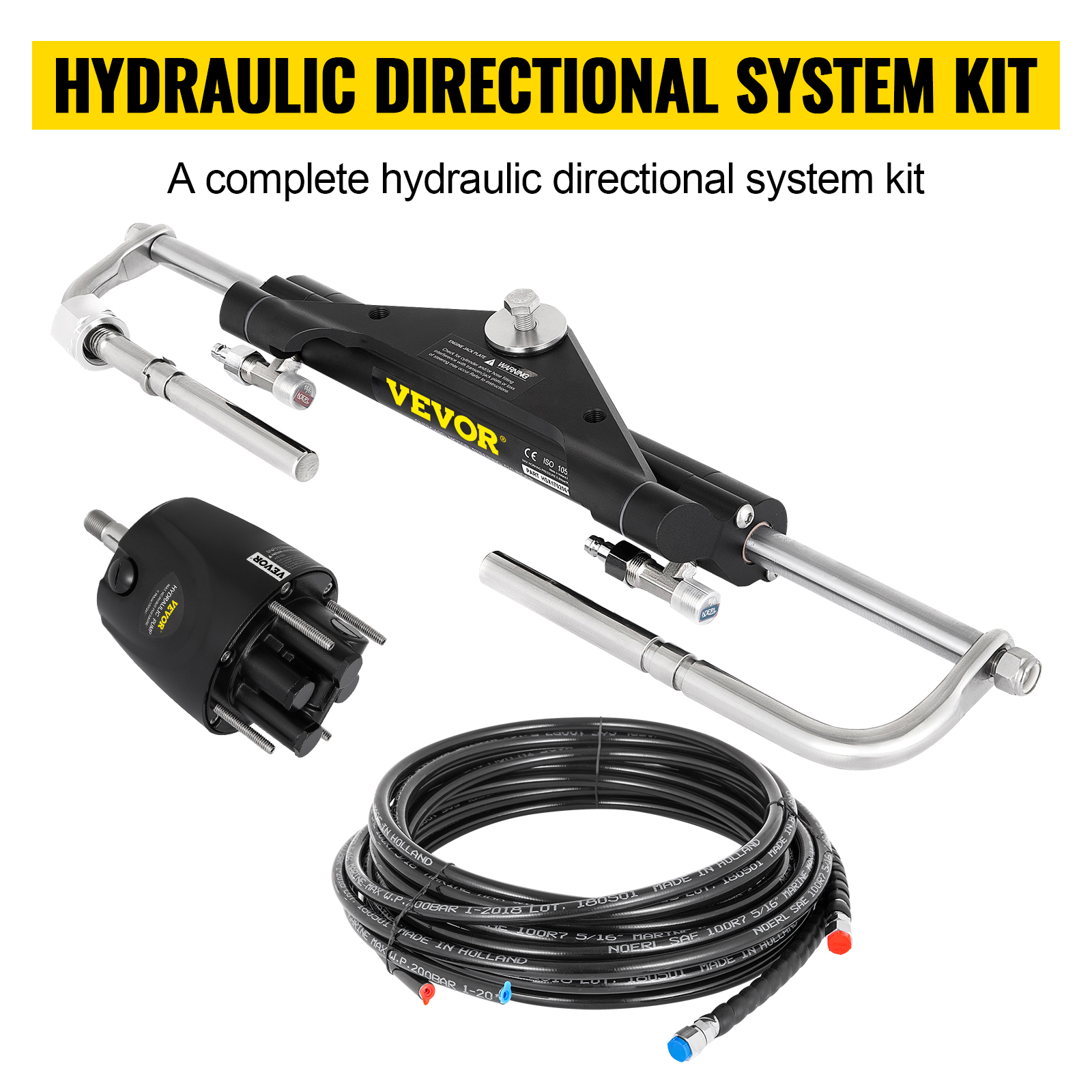 VEVOR hydraulic outboard steering kit with pump, cylinder, and hoses.