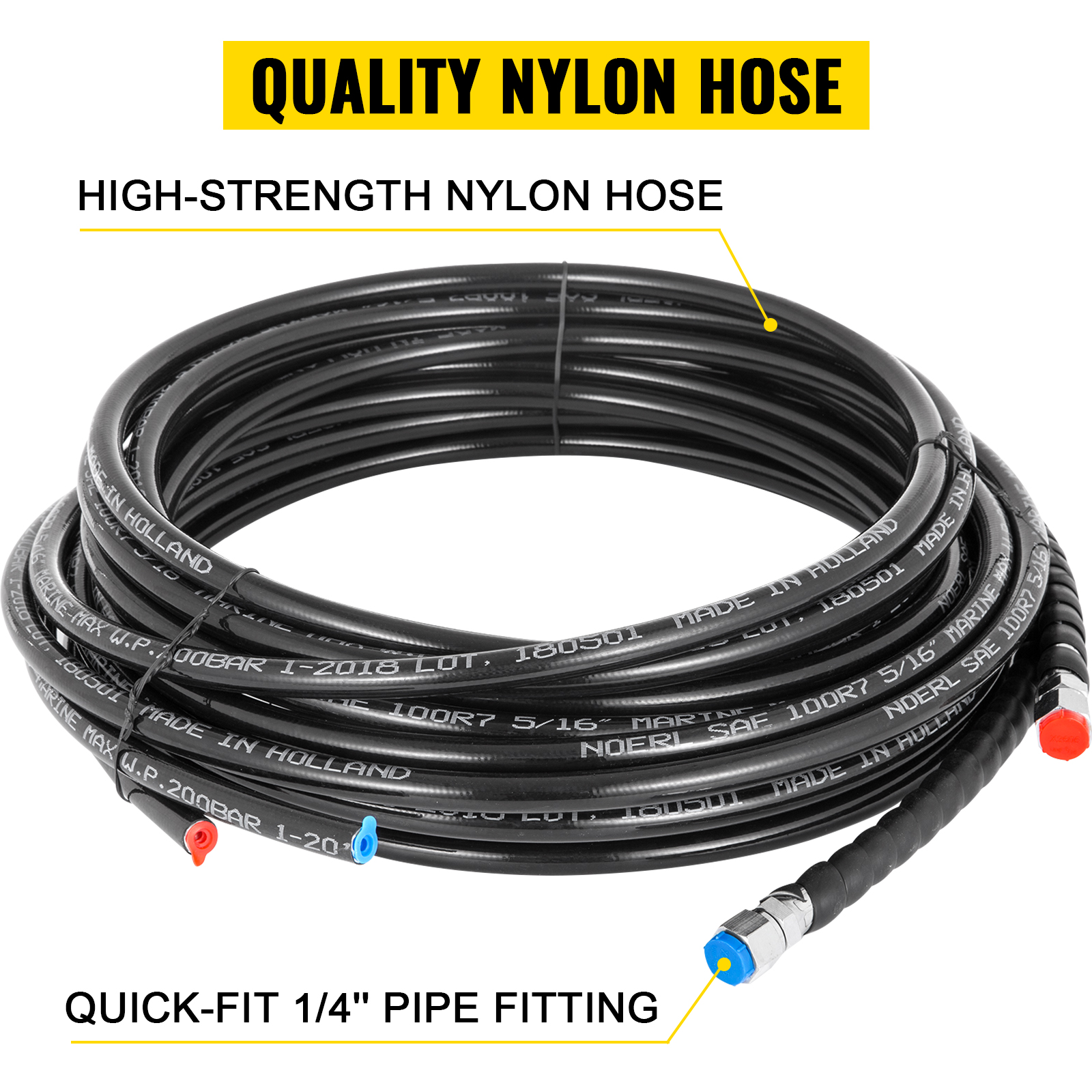 VEVOR hydraulic outboard steering kit with high-strength nylon hose and quick-fit fittings.