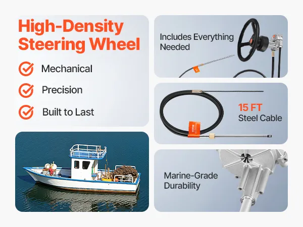 VEVOR outboard steering system with 13.5" wheel and 15' steering cable by the ocean.