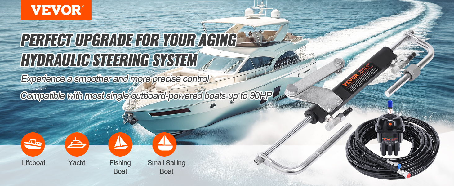 VEVOR hydraulic steering kit for a yacht on the water, ideal for outboard boats.