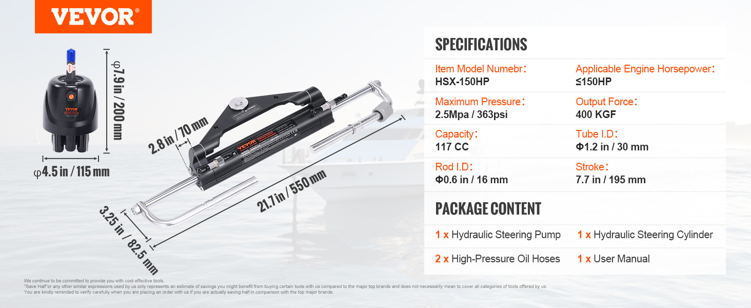 VEVOR hydraulic steering kit with pump, cylinder, oil hoses, and user manual, fitting ≤150hp engines.