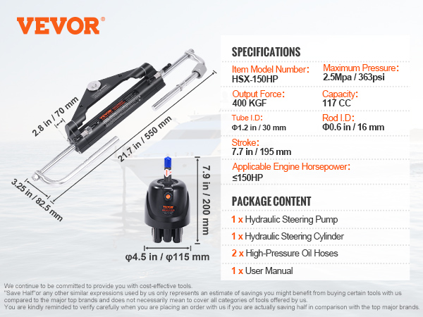 VEVOR hydraulic outboard steering kit with specifications and package content, including steering pump and cylinder.