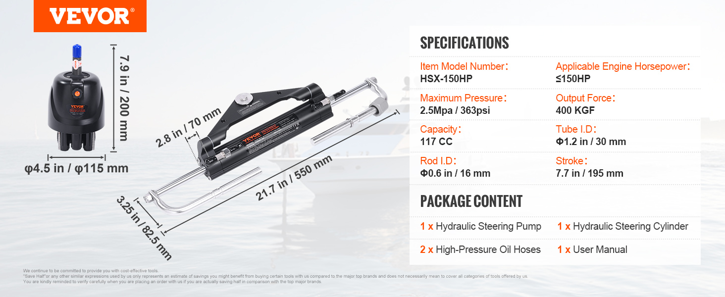 VEVOR hydraulic outboard steering kit with specifications and package content, including steering pump and cylinder.