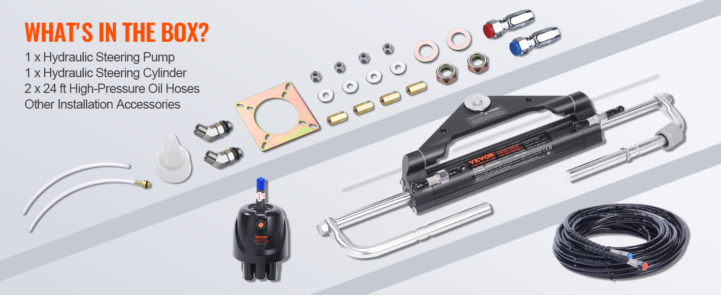 VEVOR hydraulic outboard steering kit with steering pump, cylinder, oil hoses, and installation accessories.