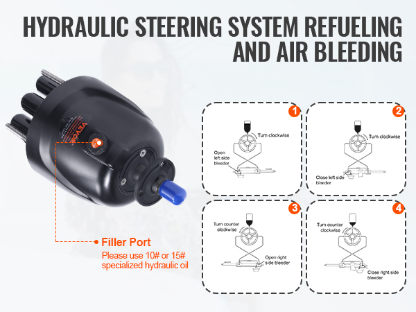 VEVOR hydraulic outboard steering kit with instructions for refueling and air bleeding, and filler port.
