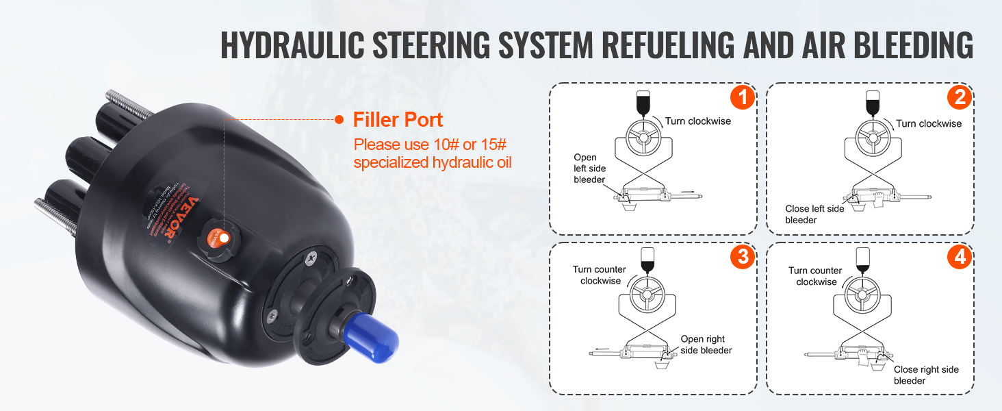 VEVOR hydraulic outboard steering kit with instructions for refueling and air bleeding, and filler port.