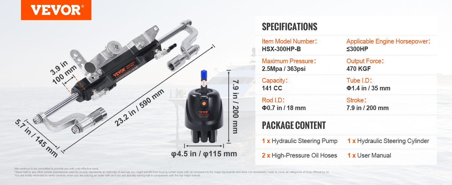 VEVOR outboard steering kit with hydraulic steering pump, high-pressure oil hoses, and specifications.