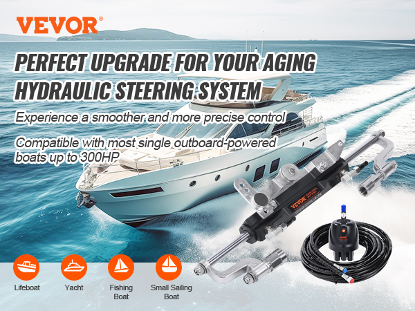 VEVOR outboard steering kit next to luxury yacht, ideal for lifeboats, yachts, fishing boats, and small sailing boats.