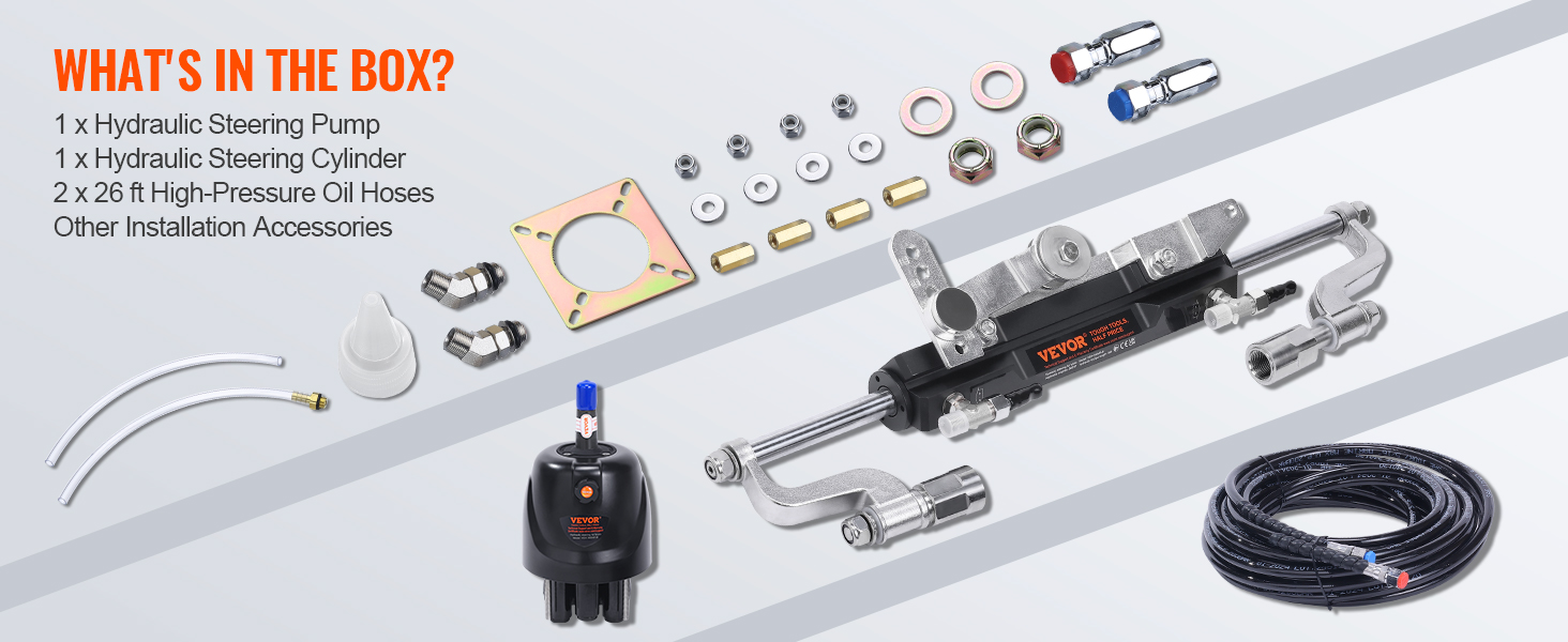 VEVOR outboard steering kit components: hydraulic pump, steering cylinder, oil hoses, accessories.