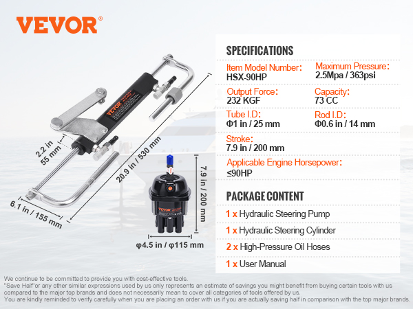 VEVOR hydraulic outboard steering kit showing specifications and package content with measurements