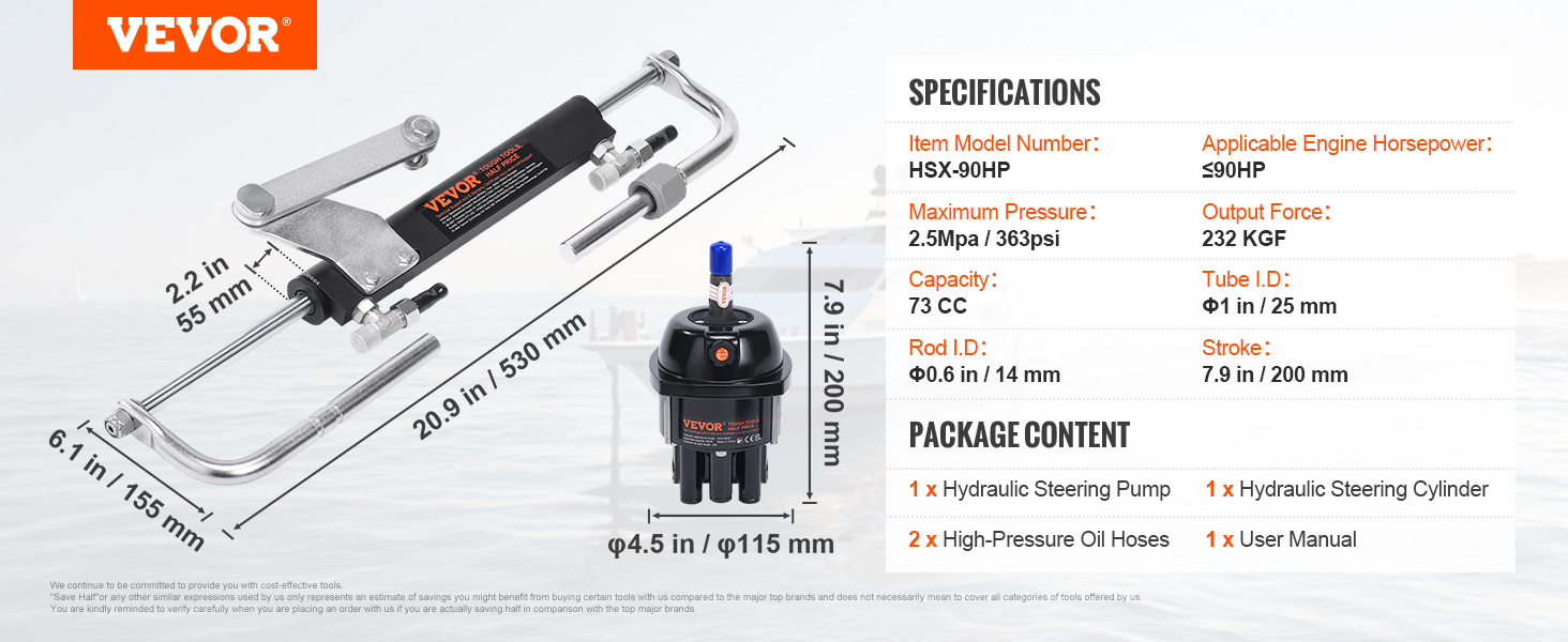 VEVOR hydraulic outboard steering kit showing specifications and package content with measurements