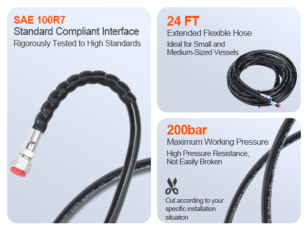 sae 100r7 compliant, 24ft extended flexible hose, 200bar pressure for VEVOR hydraulic outboard steering kit.